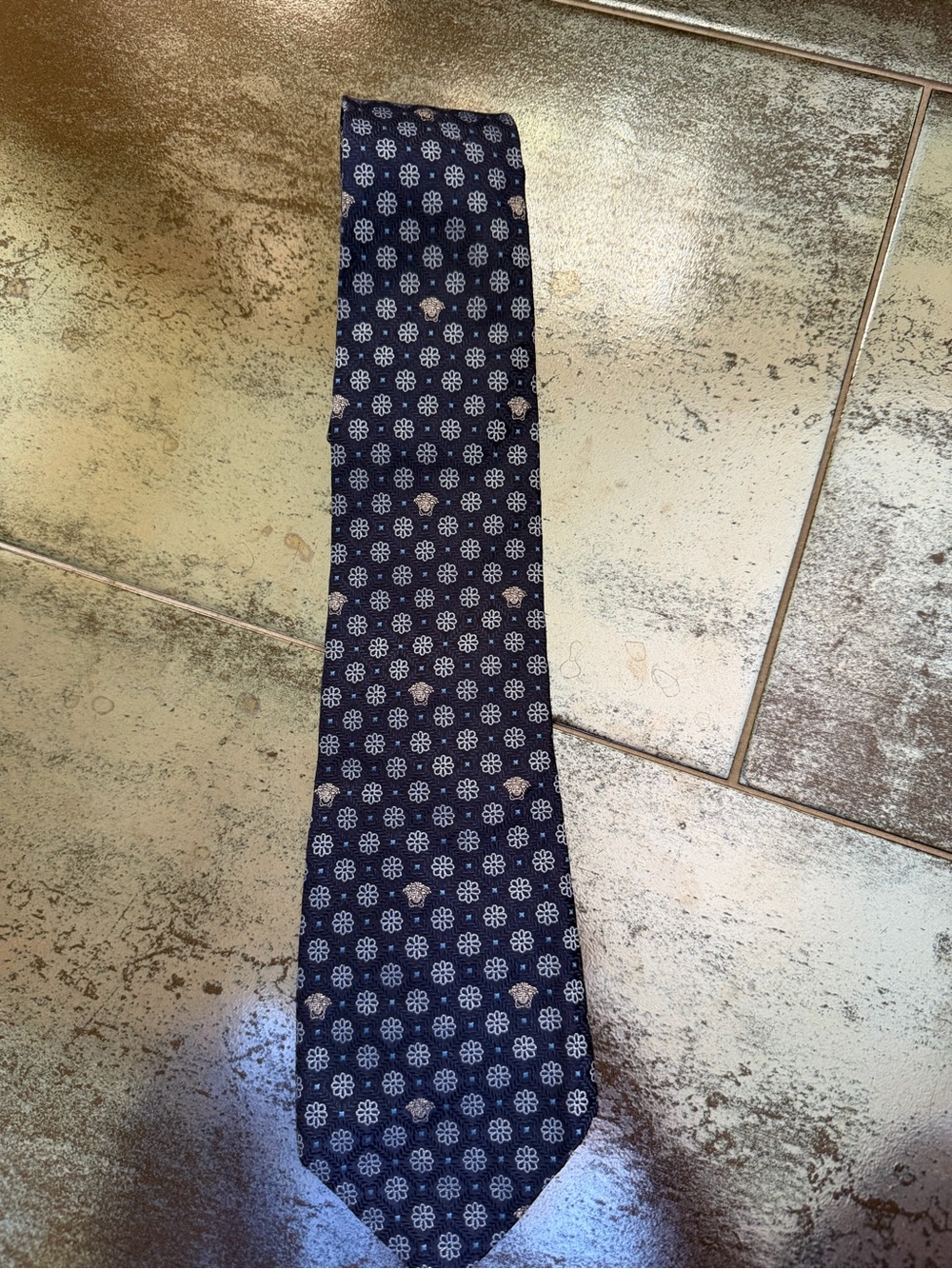 Versace Navy Silk Tie with White Micro Floral Medallions and Medusa head